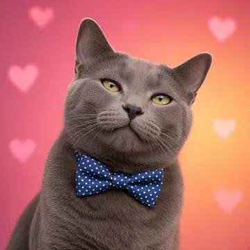 Smokey, the solid slate-gray cat, shown in a blue polka-dot bow tie in his portrait